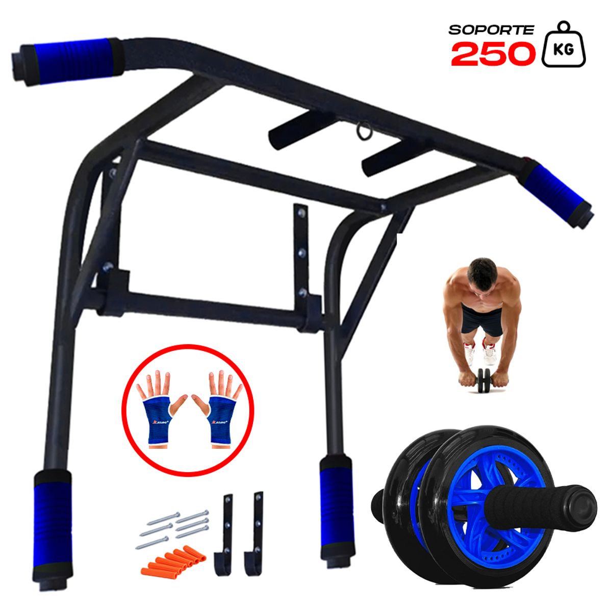 HOLGU - Barra Multifuncional Dominadas 2en1 Rueda AbdominalGuantes