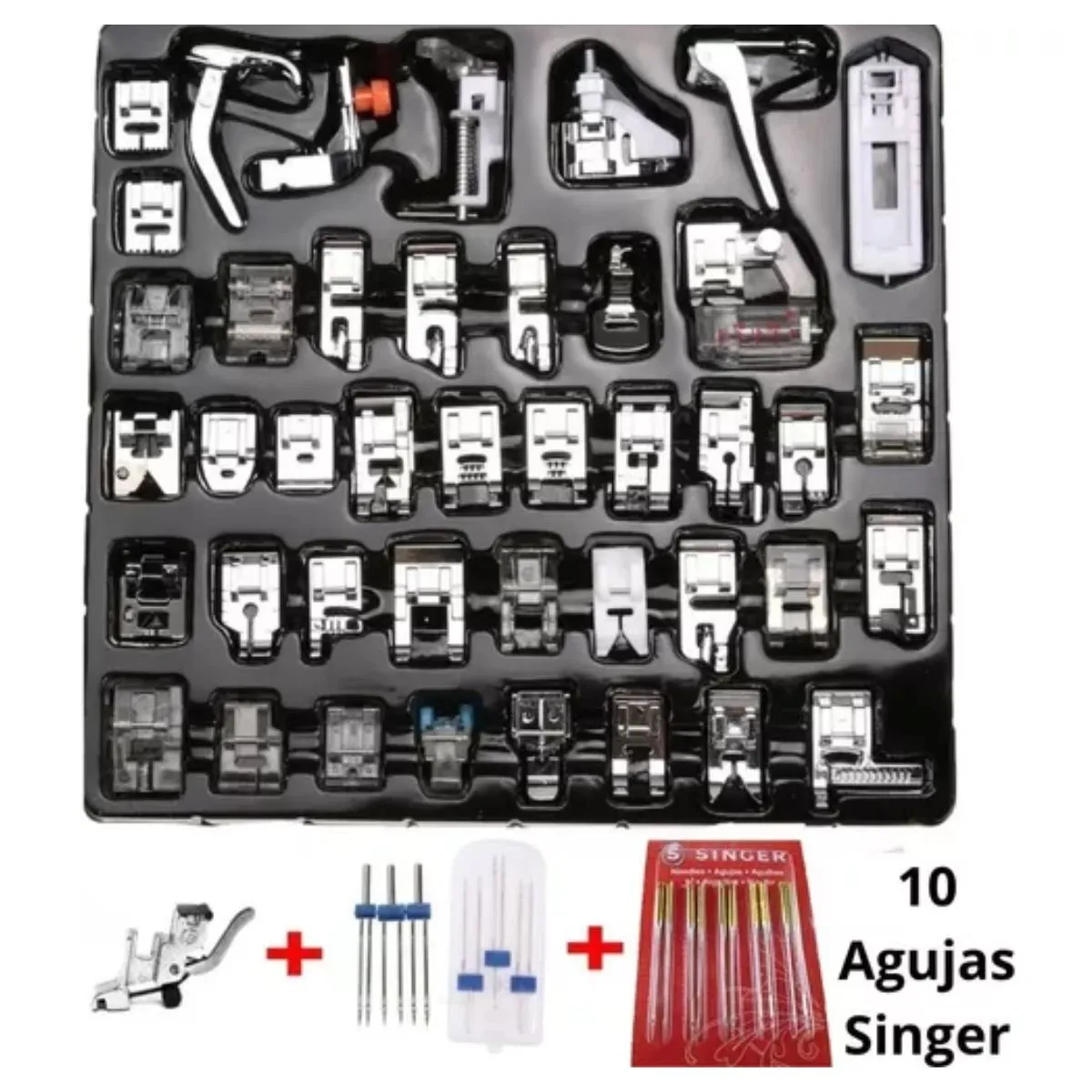 GENERICO - Kit 42 Pies Prensatelas + Aguja Gemela Doble Singer +Soporte