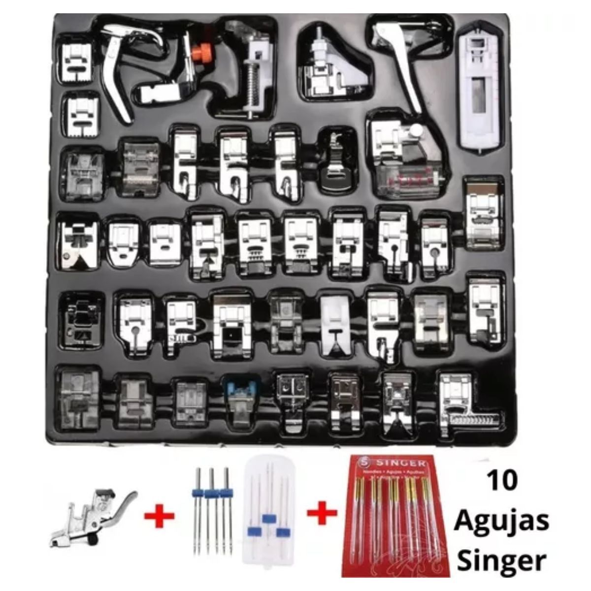 GENERICO - Kit 42 Pies Prensatelas + Aguja Gemela Doble Singer +Soporte