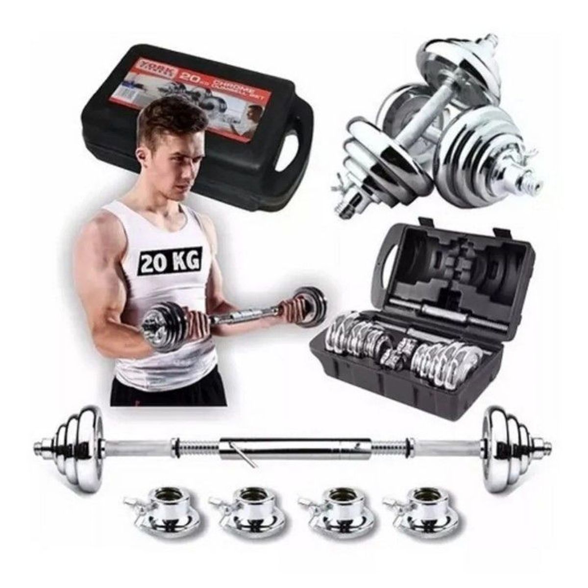 RISUTIMPORT - Pesas York 20 kg + Mancuernas + Adaptador Barra + Maleta