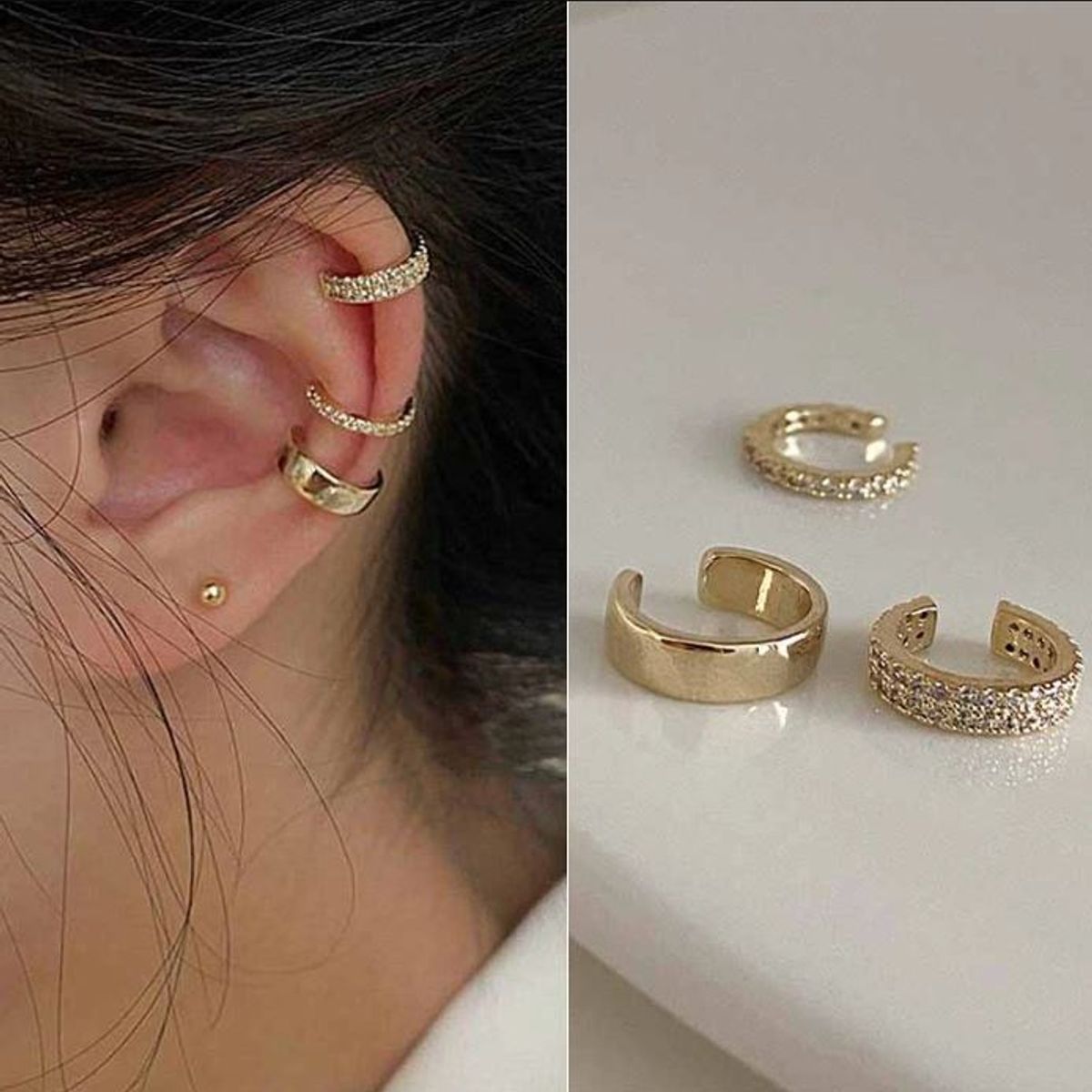 GENERICO - Aretes a presion dorado Vintage sin perforación para mujer  (3 pcs)