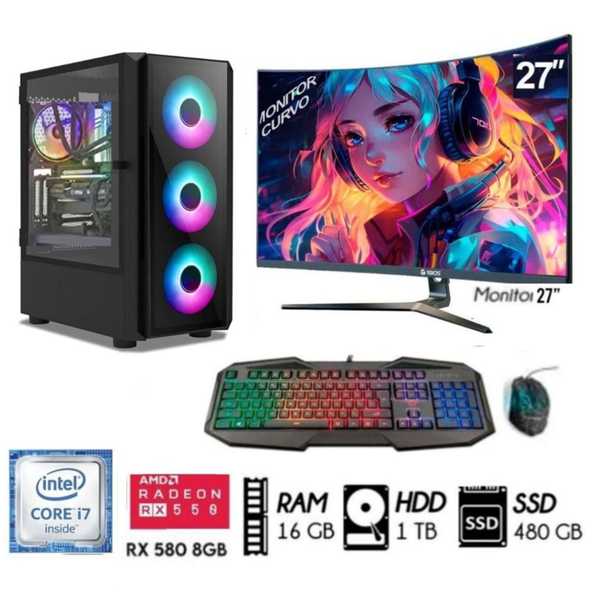 INTEL - Computadora PC GAMER Core I7-8th  Ram 16GB DISCO 1TB+SSD 480GB RX 580 8GB  M27"