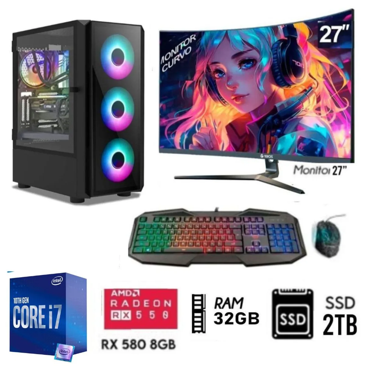 INTEL - Computadora PC GAMER Core I7-10TH Ram 32GB + SSD 2TB + RX 580 8GB +  M27"