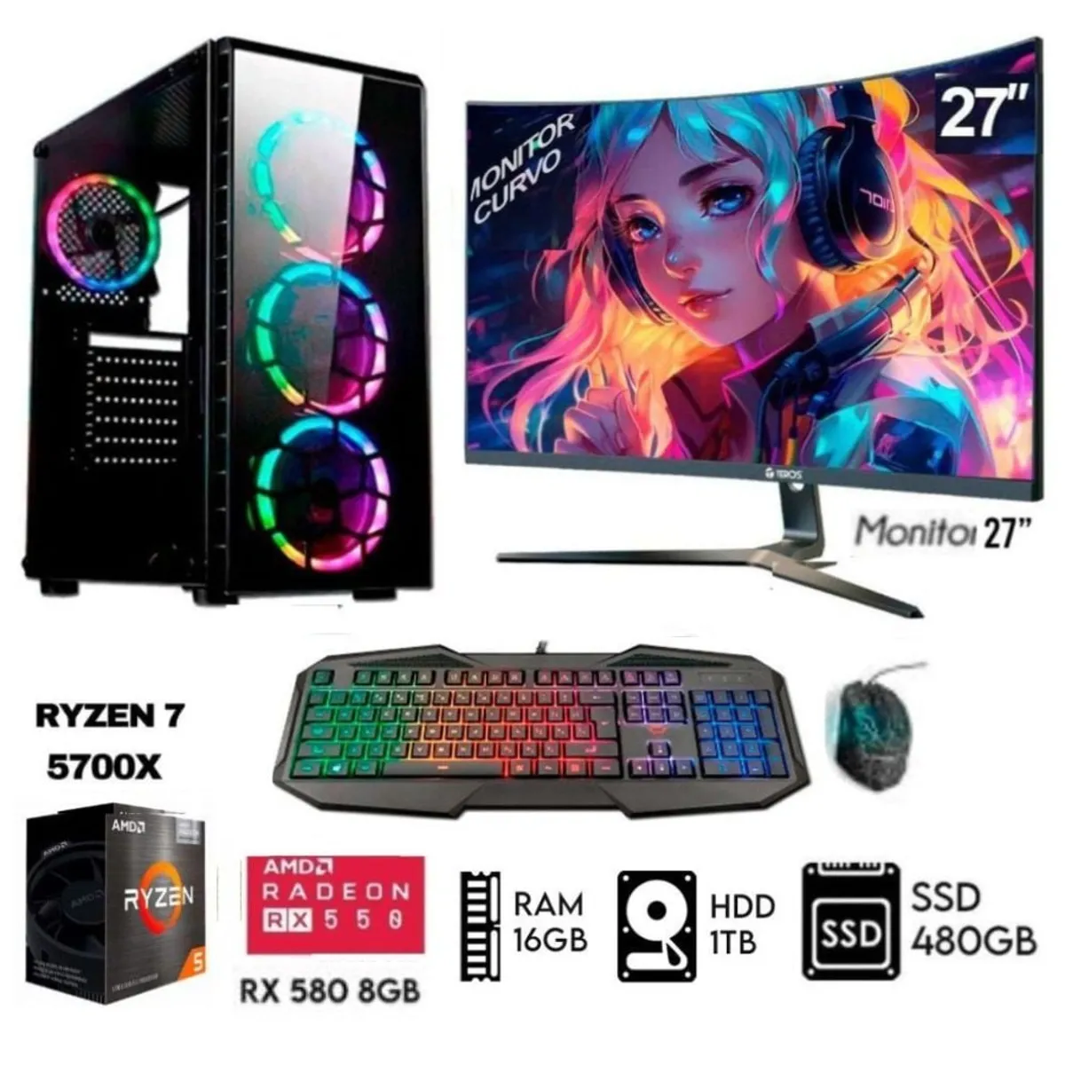 RYZEN - Computadora PC GAMER Ryzen 7-5700X 16GB Disco1TB+SSD 480GB RX 580 8GB MONITOR 27