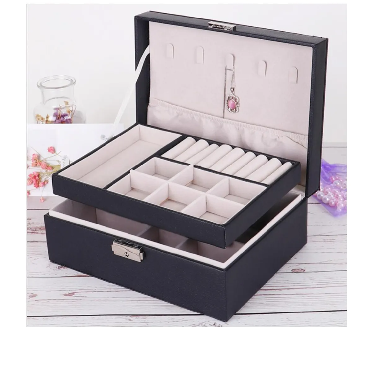 GENERICO - Joyero Organizador Cofre 2 Niveles Anillos Aretes Pulseras Collares