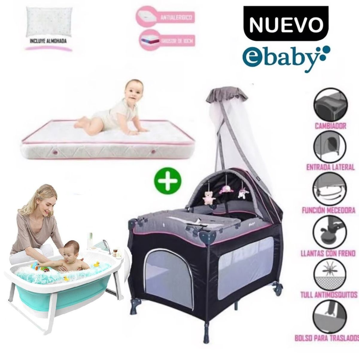 EBABY - Cuna Corral SALLY +Colchón + Tina con Termómetro y cojín