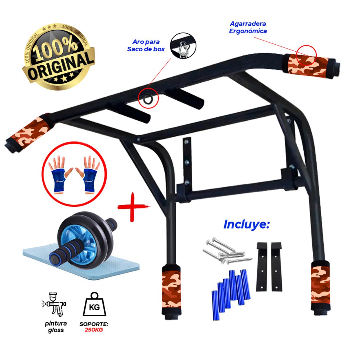 HOLGU - Barra Multifuncional 2 en 1 + rueda abdominal + guantes