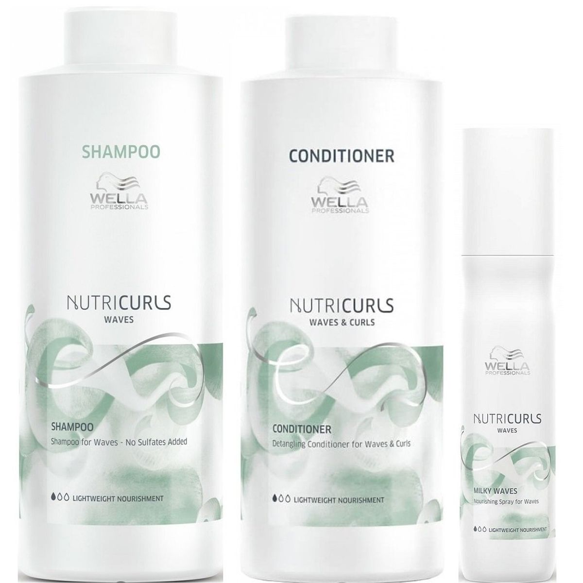 WELLA - Shampoo para Ondas 1000ml + Acondicionador + Spray Wella Nutricurls