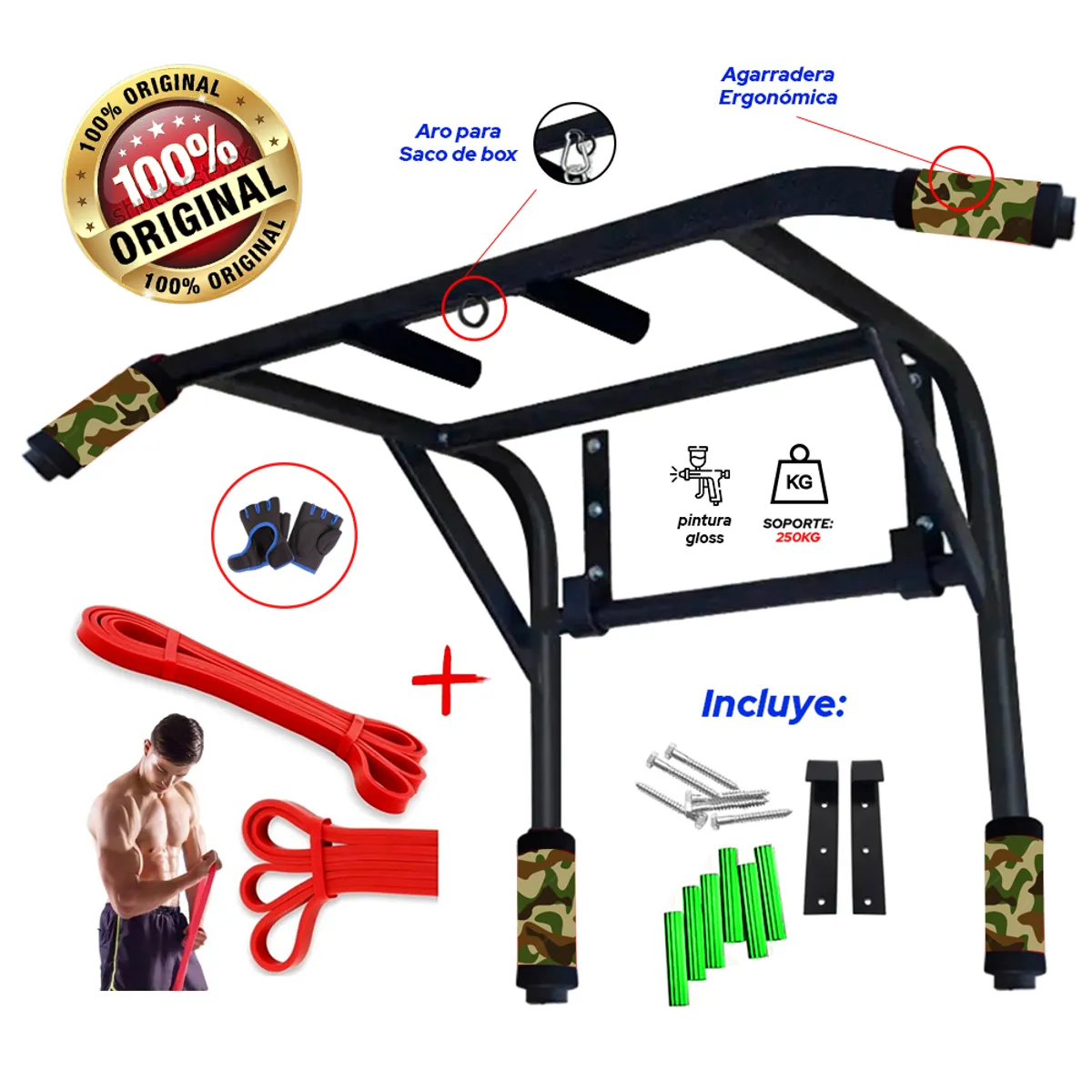 HOLGU - Barra Multifuncional 2 en 1 + bandas croosfit roja + guantes