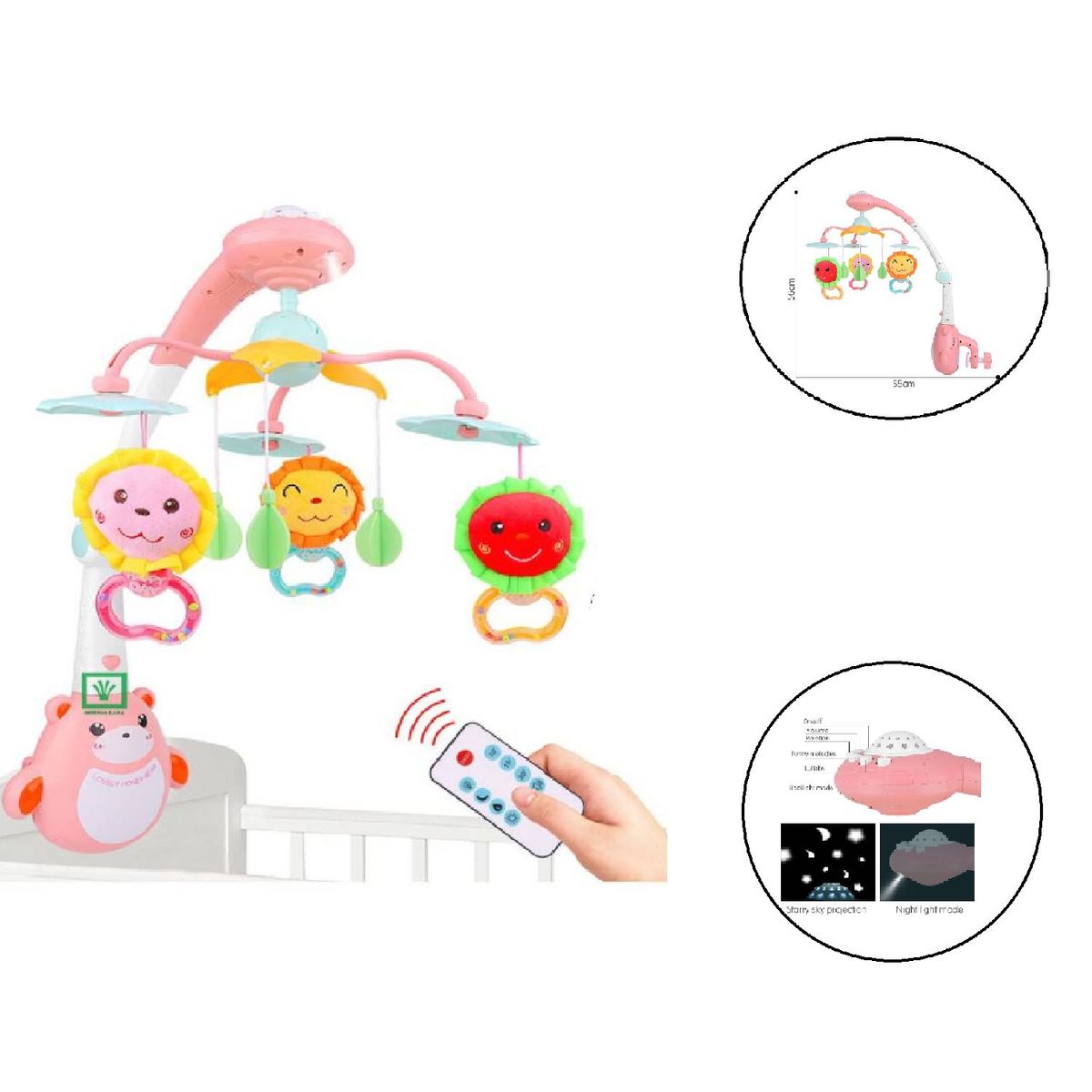 IDEAL - Movil para Cuna con Proyector Luces y Control - rosado