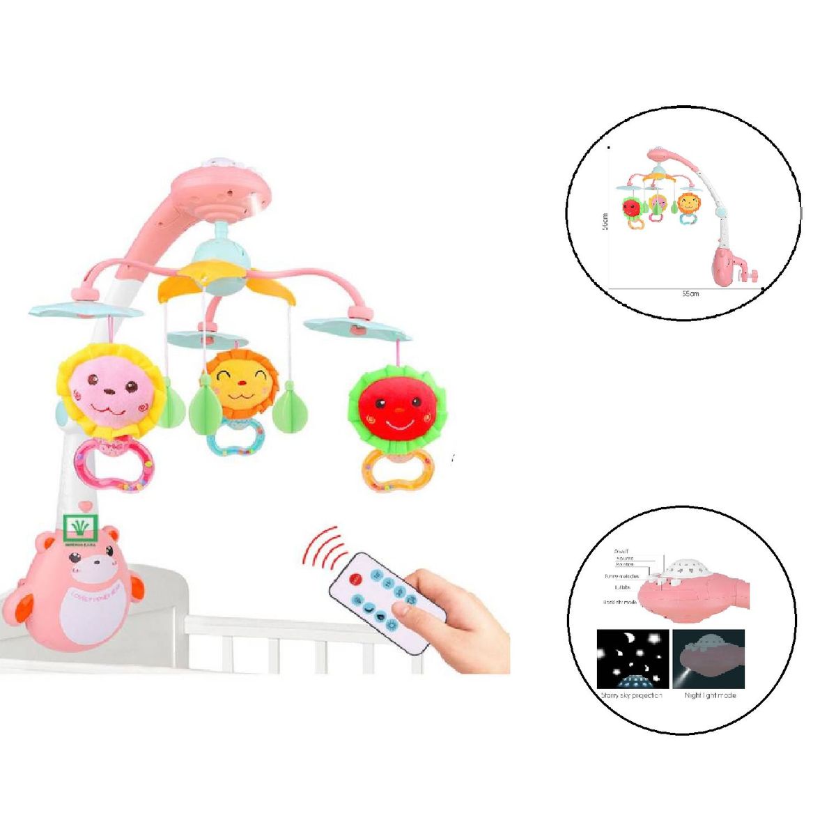 IDEAL - Movil para Cuna con Proyector Luces y Control - rosado