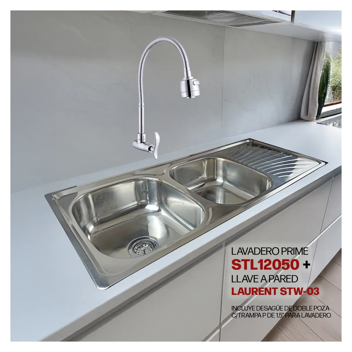 STONE - COMBO DE LAVADERO PRIME STL12050 STONE + LLAVE A LA PARED LAURENT STW-03 STONE