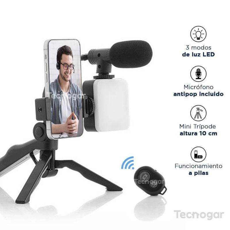 GENERICO - Kit de Grabación Tripode + Micrófono + Control  + Luz Led + Soporte