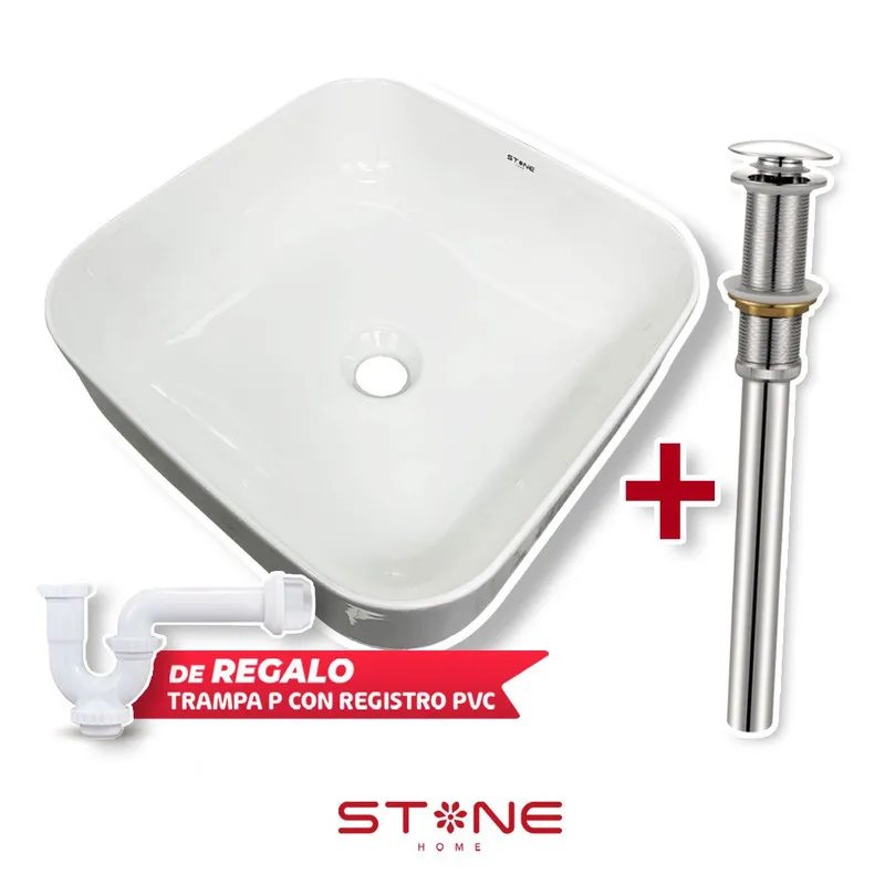 STONE - COMBO DE LAVAMANOS  AMALIA BLANCO  DESAGUE POP UP GRANDE SREBOSE STONE