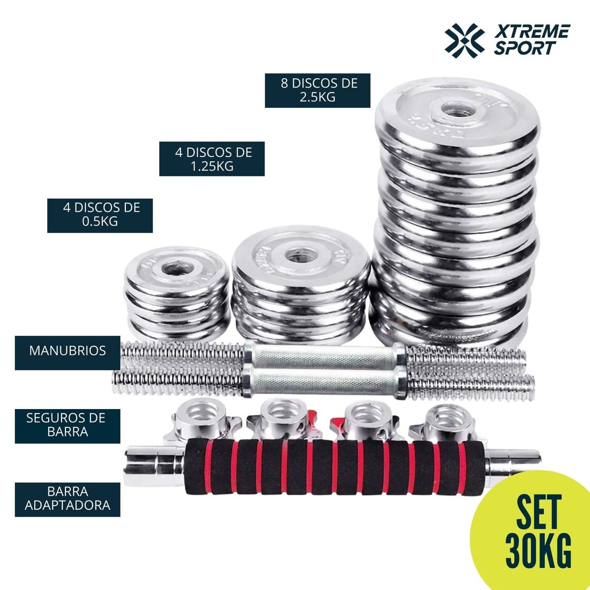 XTREME SPORT - Mancuernas Pesas de 30kg  Barra adaptadora