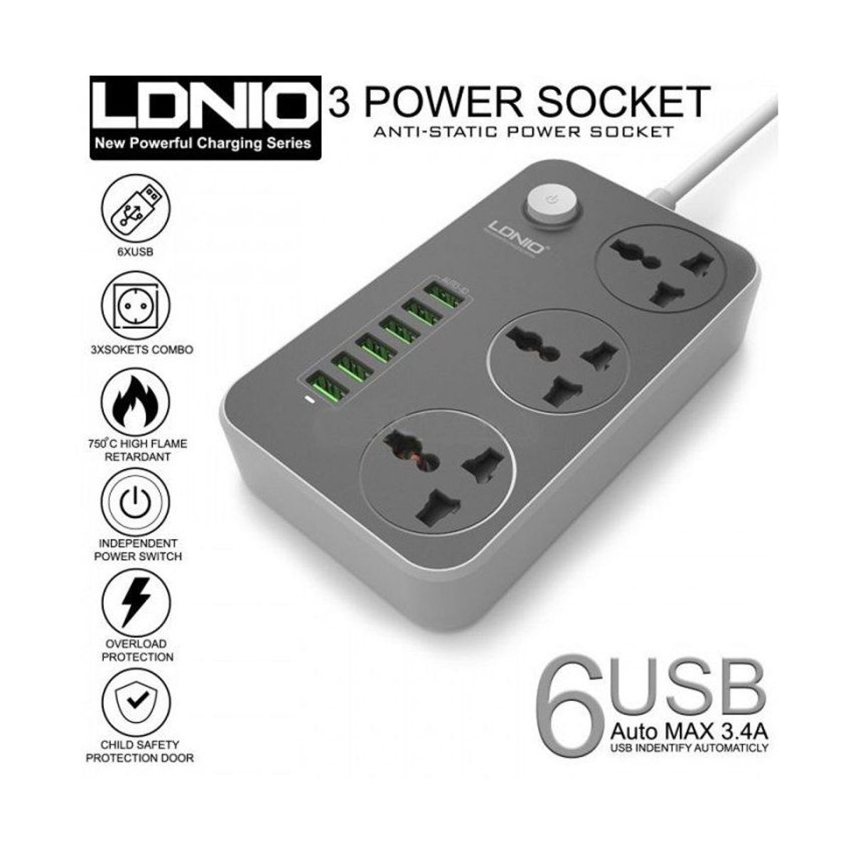 LDNIO - Extensión de enchufe ldnio sc3604  usb 6 usb 3 power socket universal