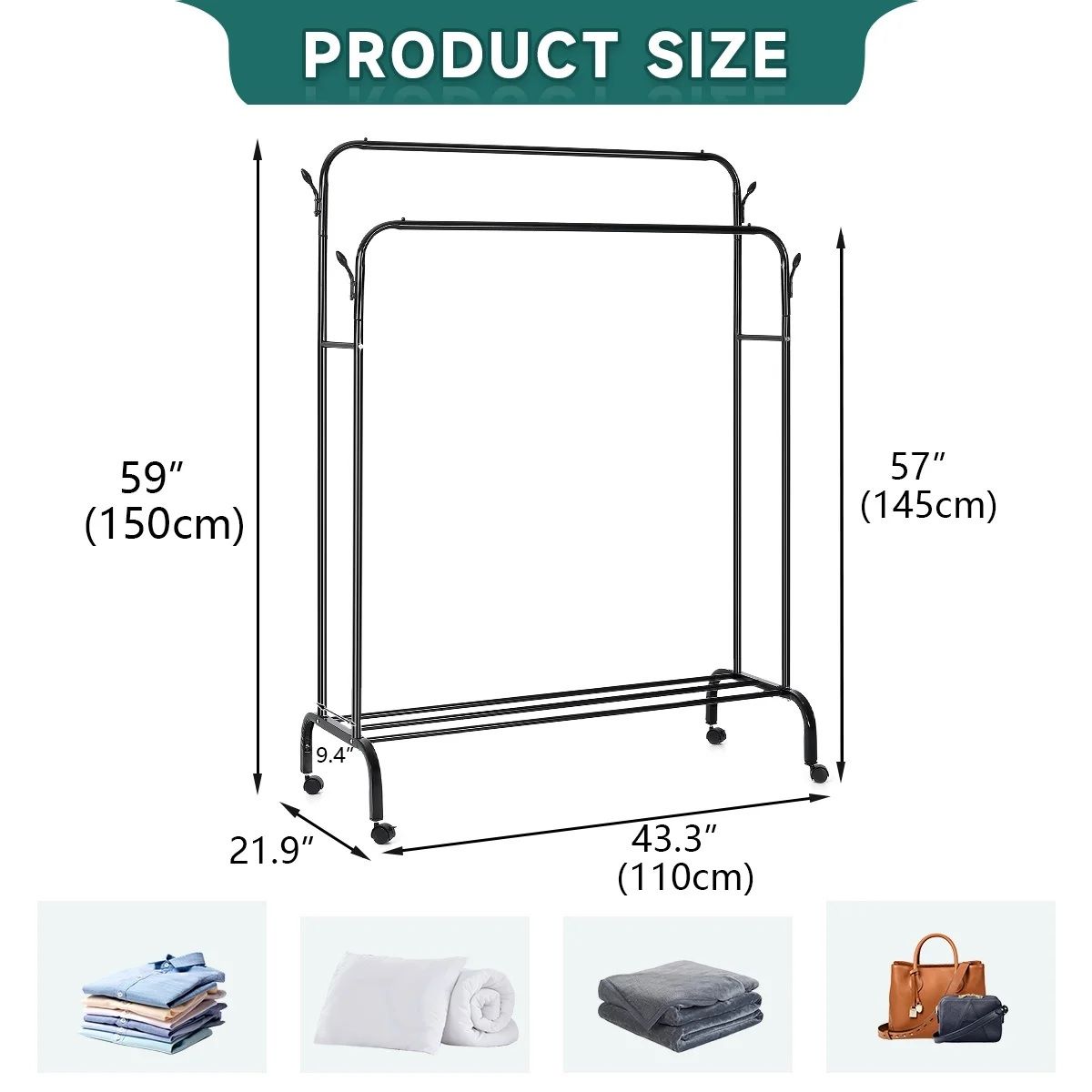GENERICO - Perchero con Ruedas de Doble Varilla con Estantes Inferiores