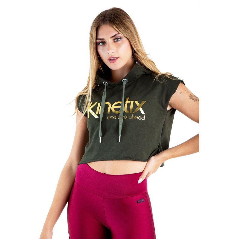 KINETIX - Polera Crop Kinetix Boxeadora Hoodie Verde Militar Algodón Mujer