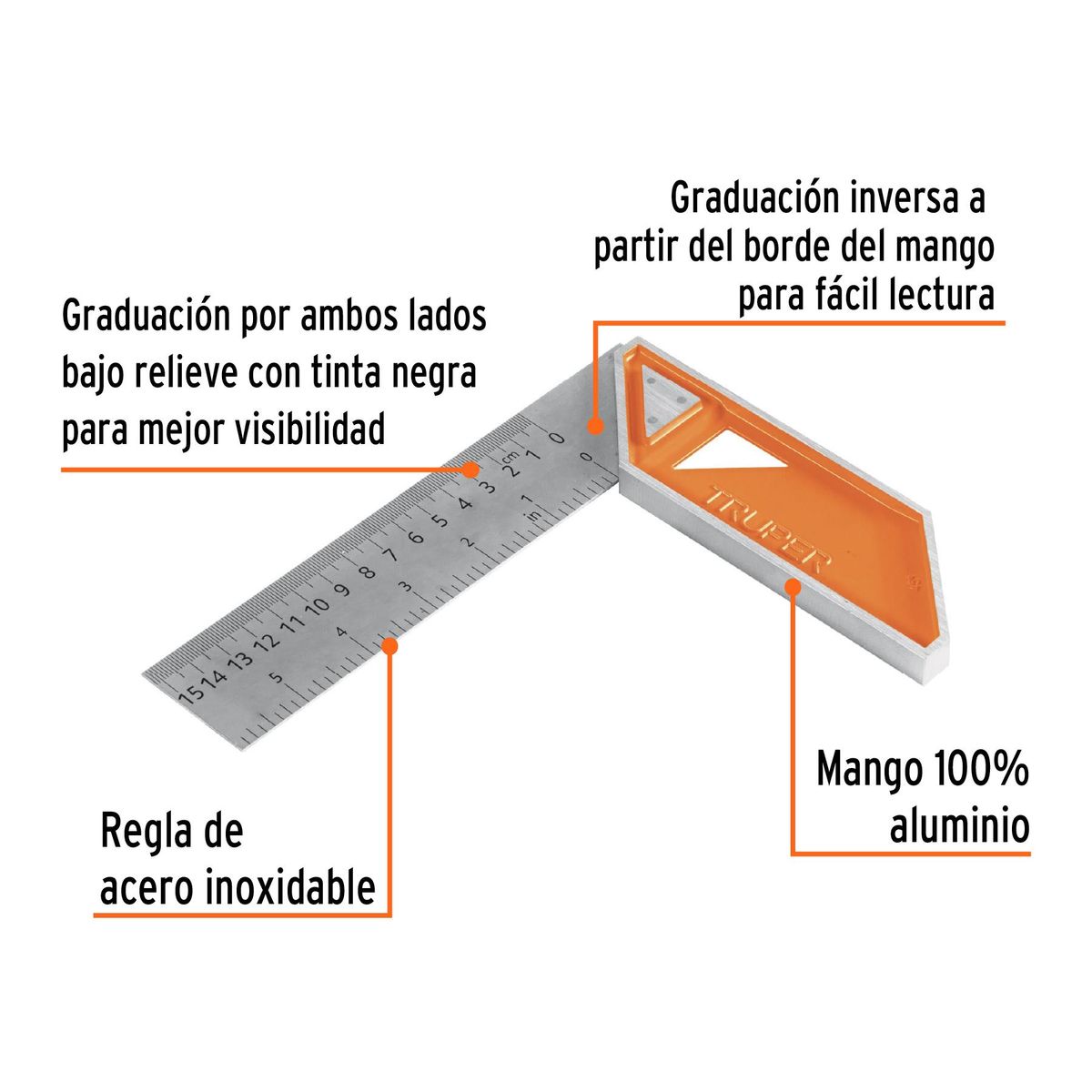 TRUPER - Escuadra Para Carpintero Ac.Inox. 10" Truper 14374 - Gris  /  Naranja