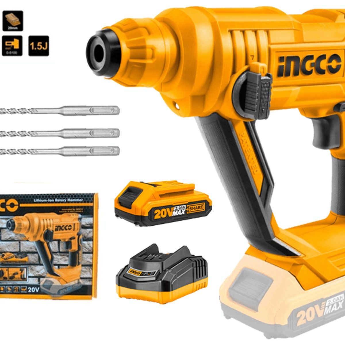 INGCO TOOLS - ROTOMARTILLO SDS PLUS 20V 15J INALÁMBRICO BATERÍA Y CARGADOR INGCO