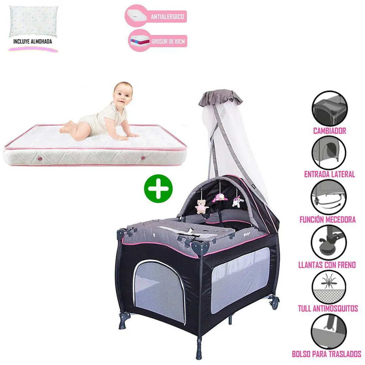 EBABY - Cuna Corral Mecedora Rosado 716 + Colchón Rosa