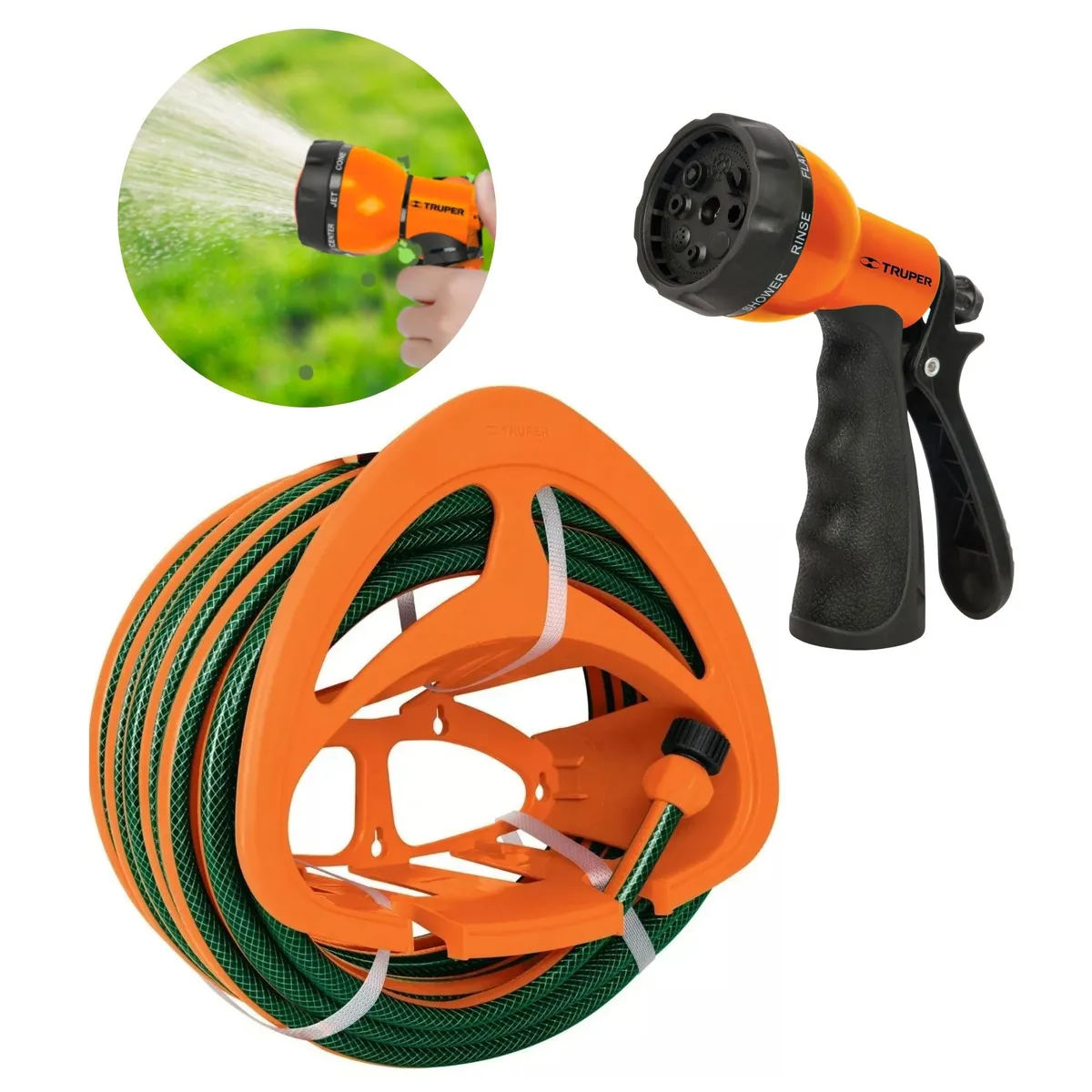 TRUPER - Combo manguera de riego 15m, porta manguera  y pistola de riego
