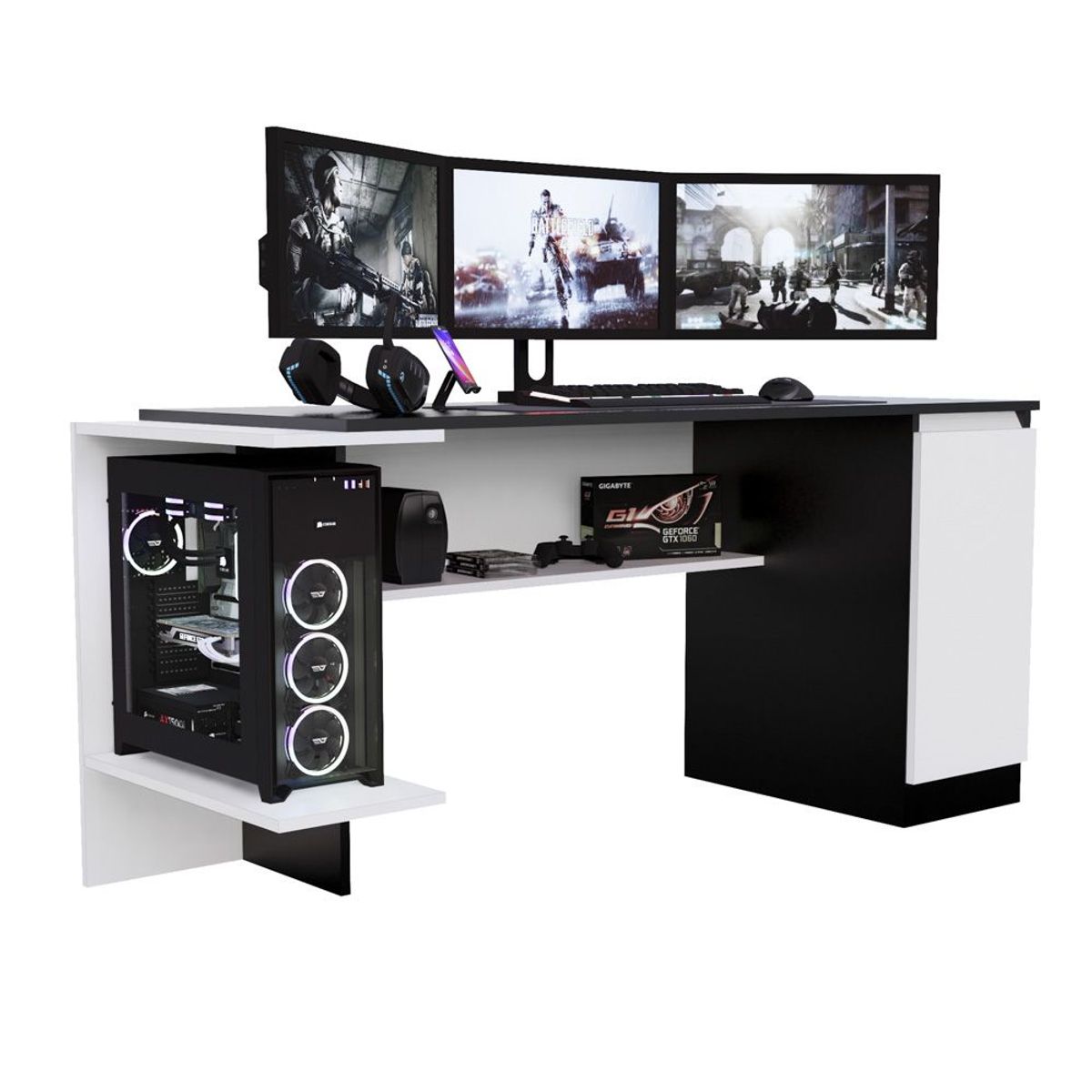 MOVENDA - Escritorio Gamer NR 02 140cm 1 Puerta Movenda Negro/ Blanco