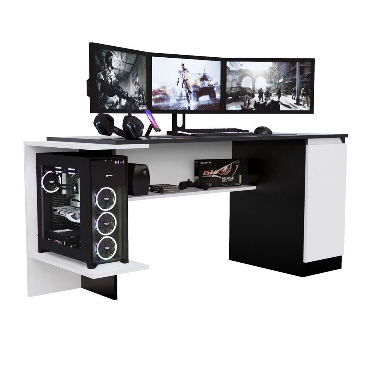 MOVENDA - Escritorio Gamer NR 02 140cm 1 Puerta Movenda Negro/ Blanco