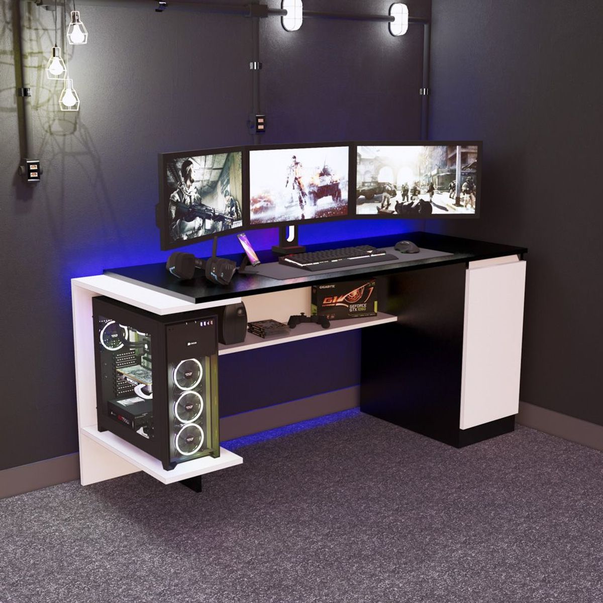 MOVENDA - Escritorio Gamer NR 02 140cm 1 Puerta Movenda Negro/ Blanco