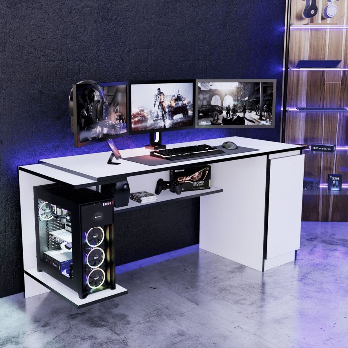 MOVENDA - Escritorio Gamer NR 02 140cm 1 Puerta Movenda Blanco