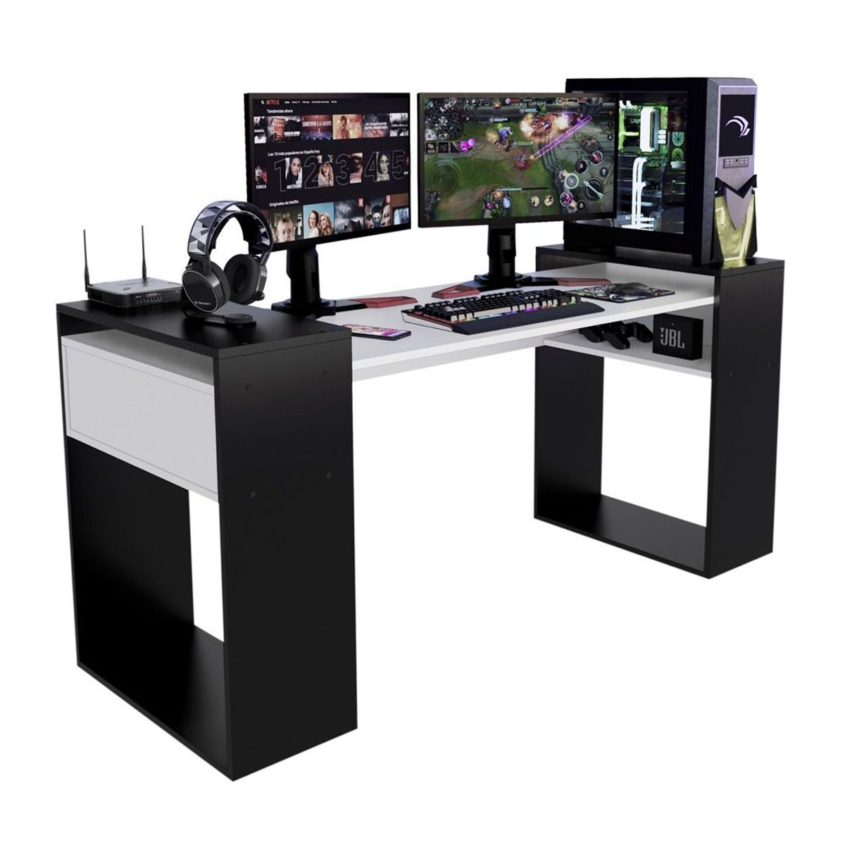 MOVENDA - Escritorio Gamer NR 04 180cm Movenda Negro con Blanco