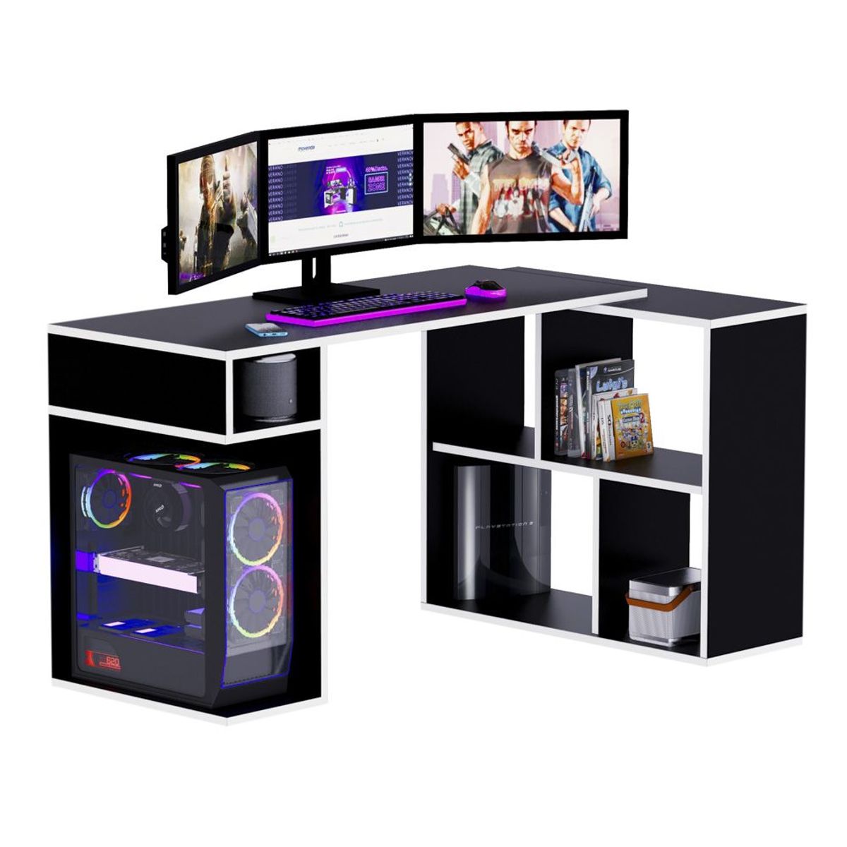 MOVENDA - Escritorio Gamer en L 133x80cm NR 11 Movenda Negro/Blanco