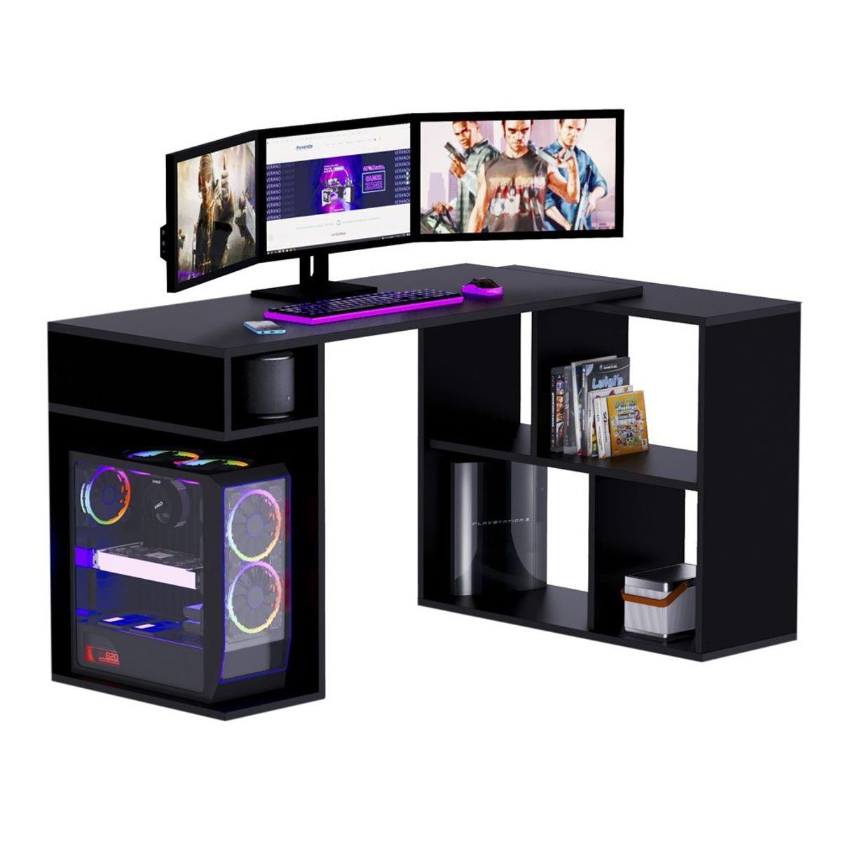 MOVENDA - Escritorio Gamer en L 133x80cm NR 11 Movenda Negro
