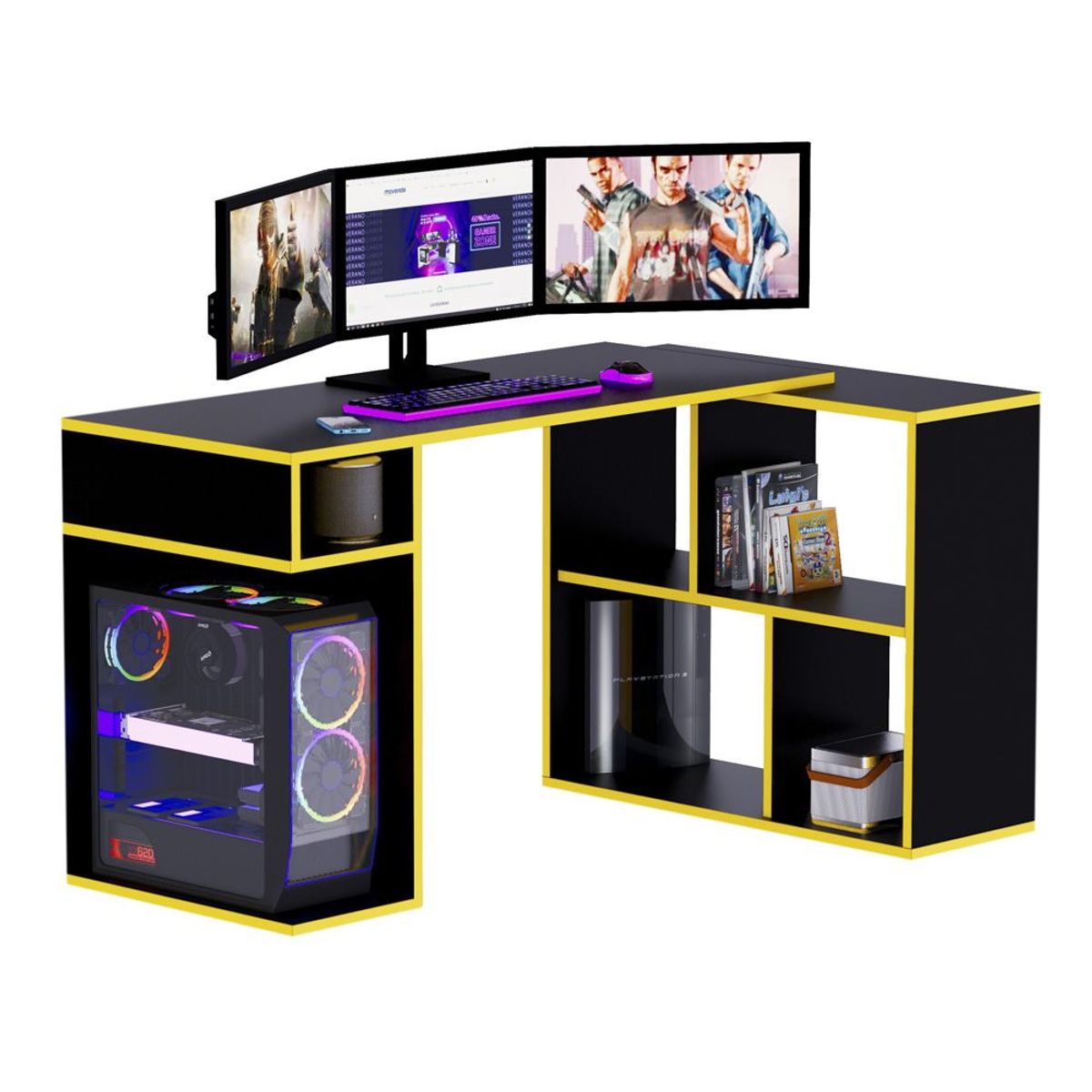 MOVENDA - Escritorio Gamer en L 133x80cm NR 11 Movenda Negro/Amarillo