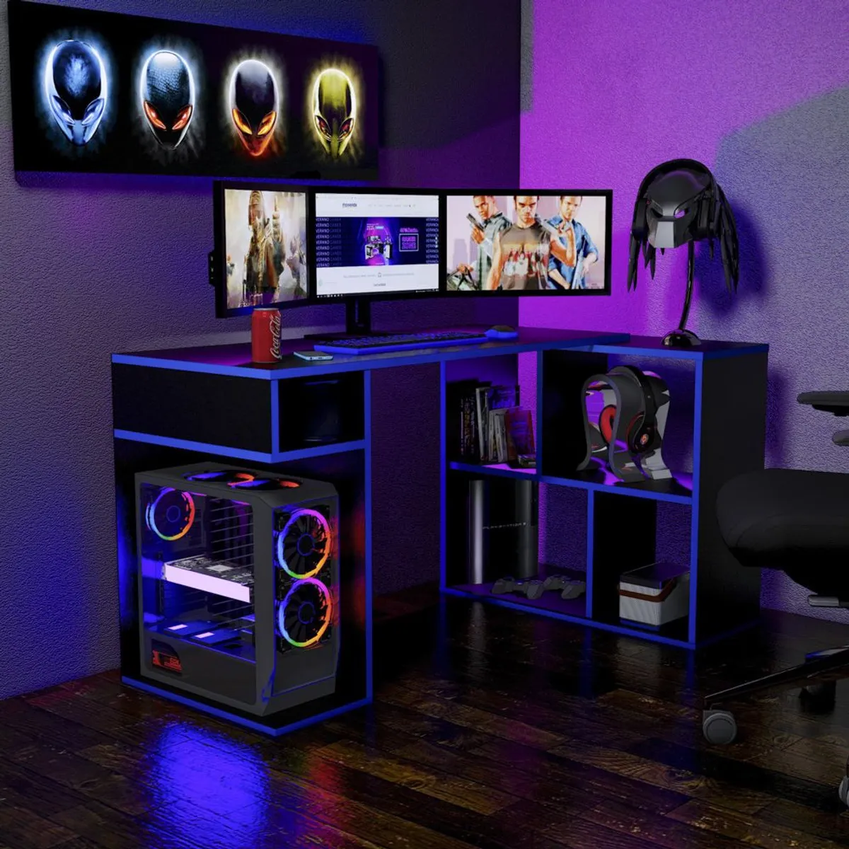 MOVENDA - Escritorio Gamer en L 133x80cm NR 11 Movenda Negro/Azul