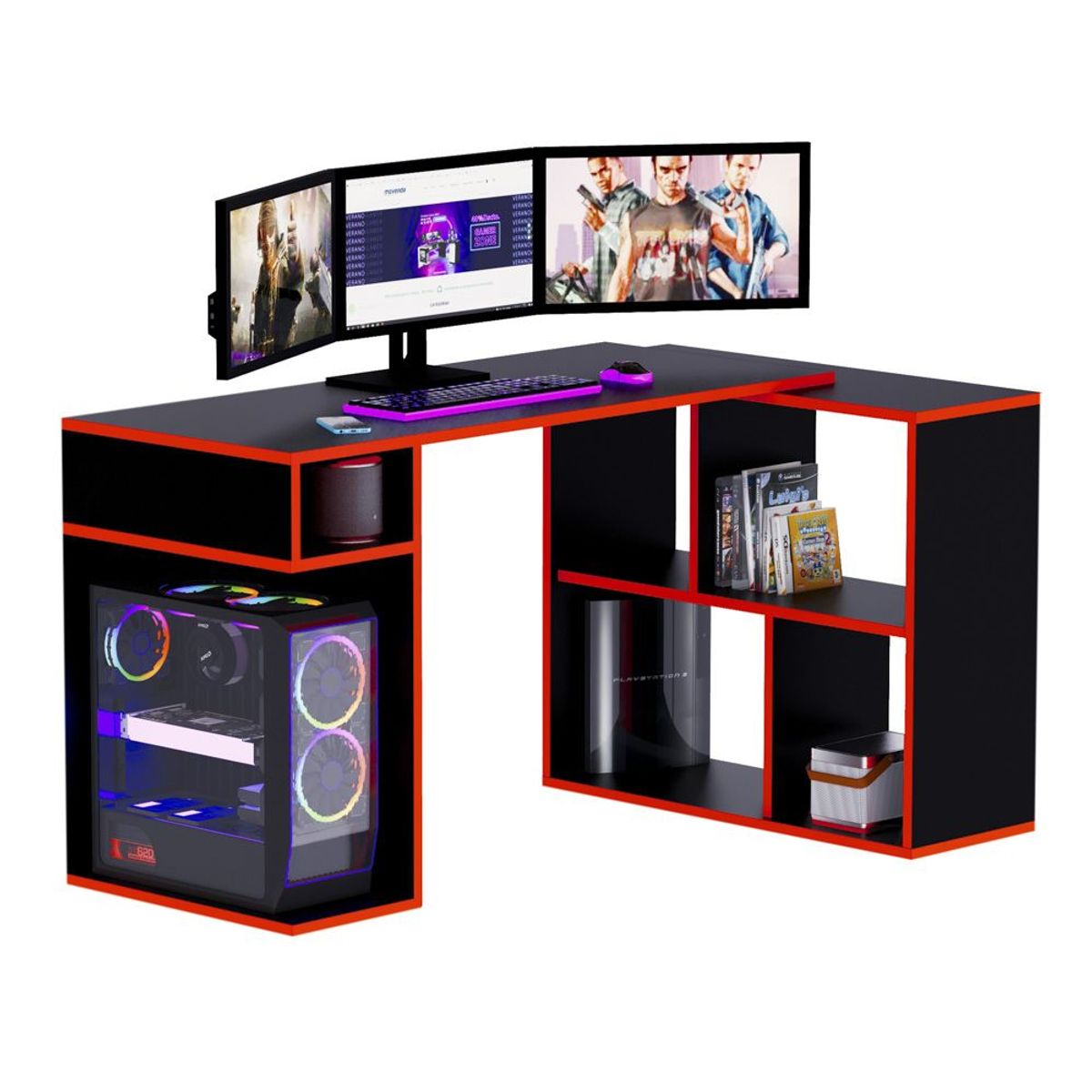 MOVENDA - Escritorio Gamer en L 133x80cm NR 11 Movenda Negro/Rojo