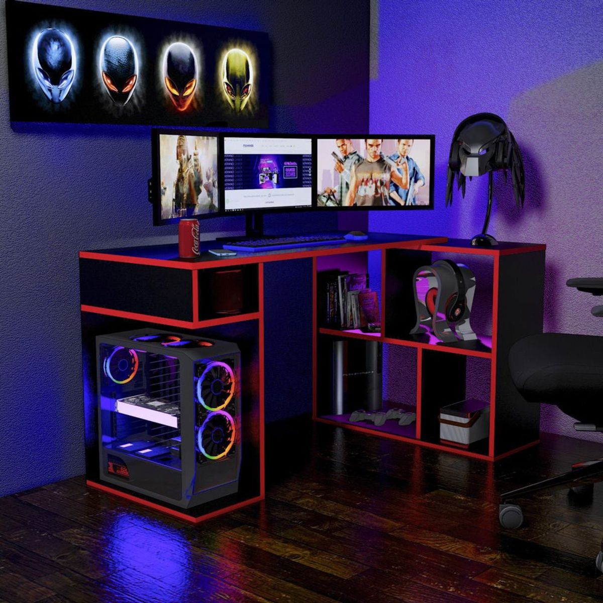 MOVENDA - Escritorio Gamer en L 133x80cm NR 11 Movenda Negro/Rojo