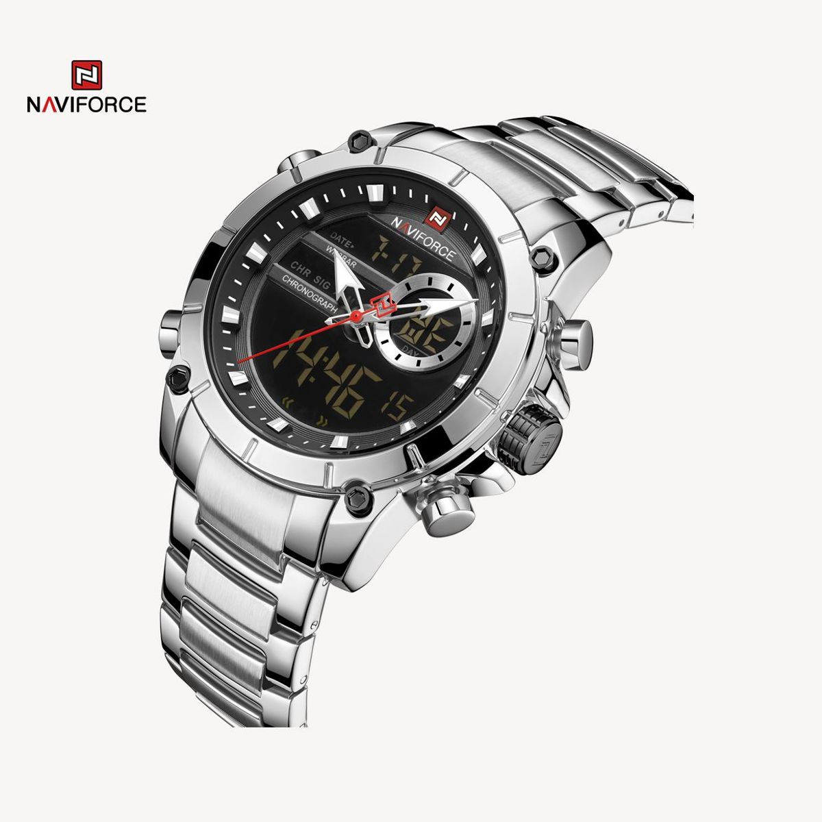 NAVIFORCE - Reloj Naviforce Digital de Acero plateado  con detalles en negro N38_.