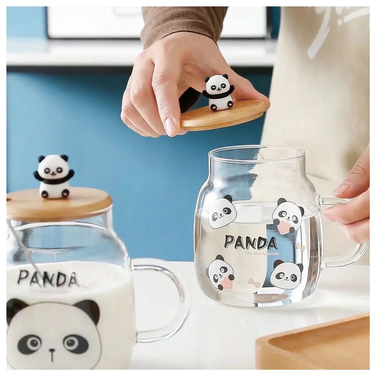 INSPIRA MARKET - Taza De Vidrio Kawaii Panda Con Tapa De Bambú