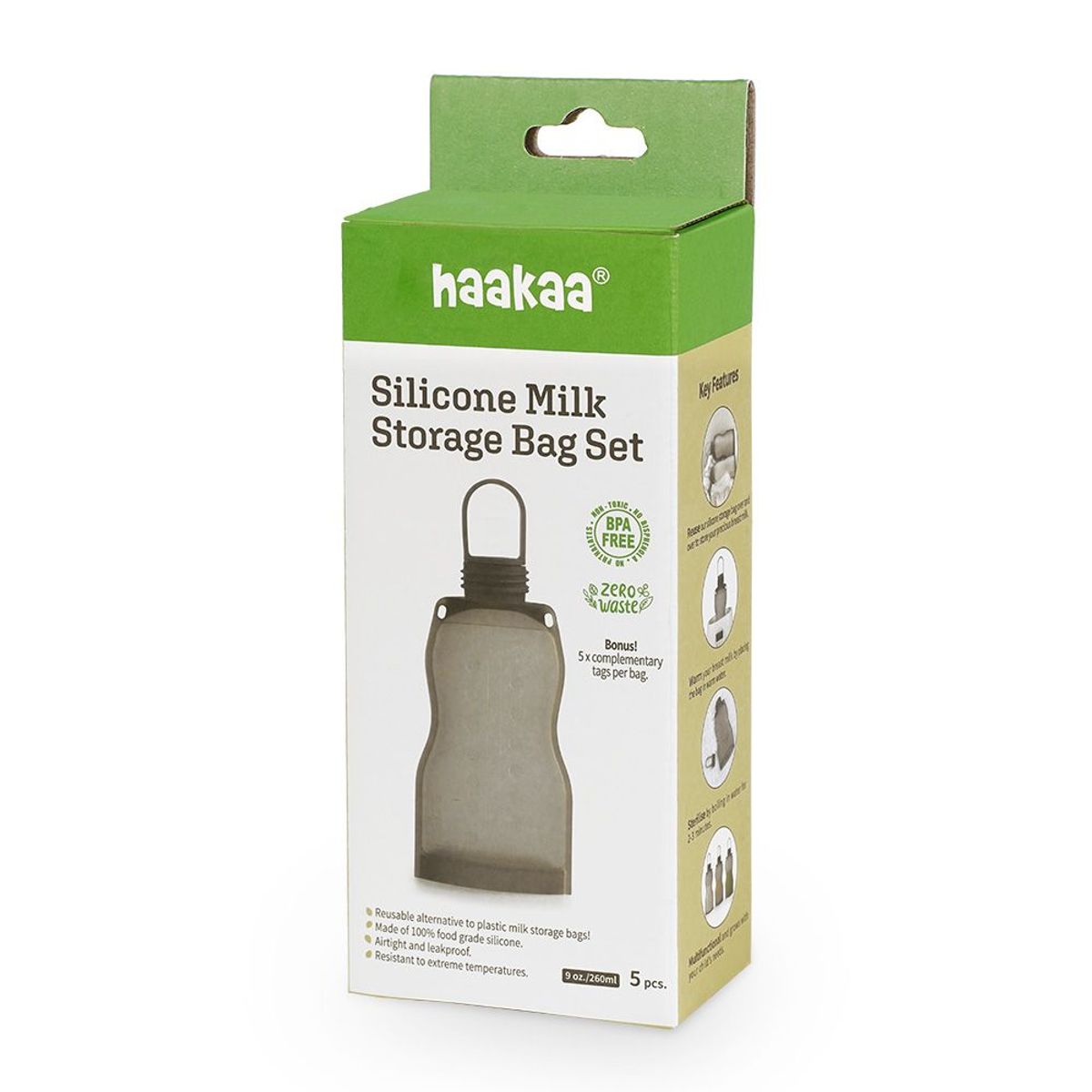 HAAKAA - Bolsa de almacenamiento de leche de silicona Haakaa 260ml - 5 Pzas