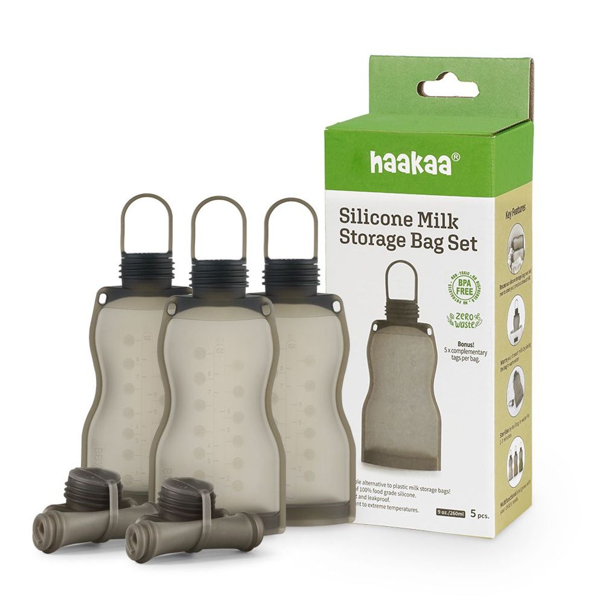 HAAKAA - Bolsa de almacenamiento de leche de silicona Haakaa 260ml - 5 Pzas