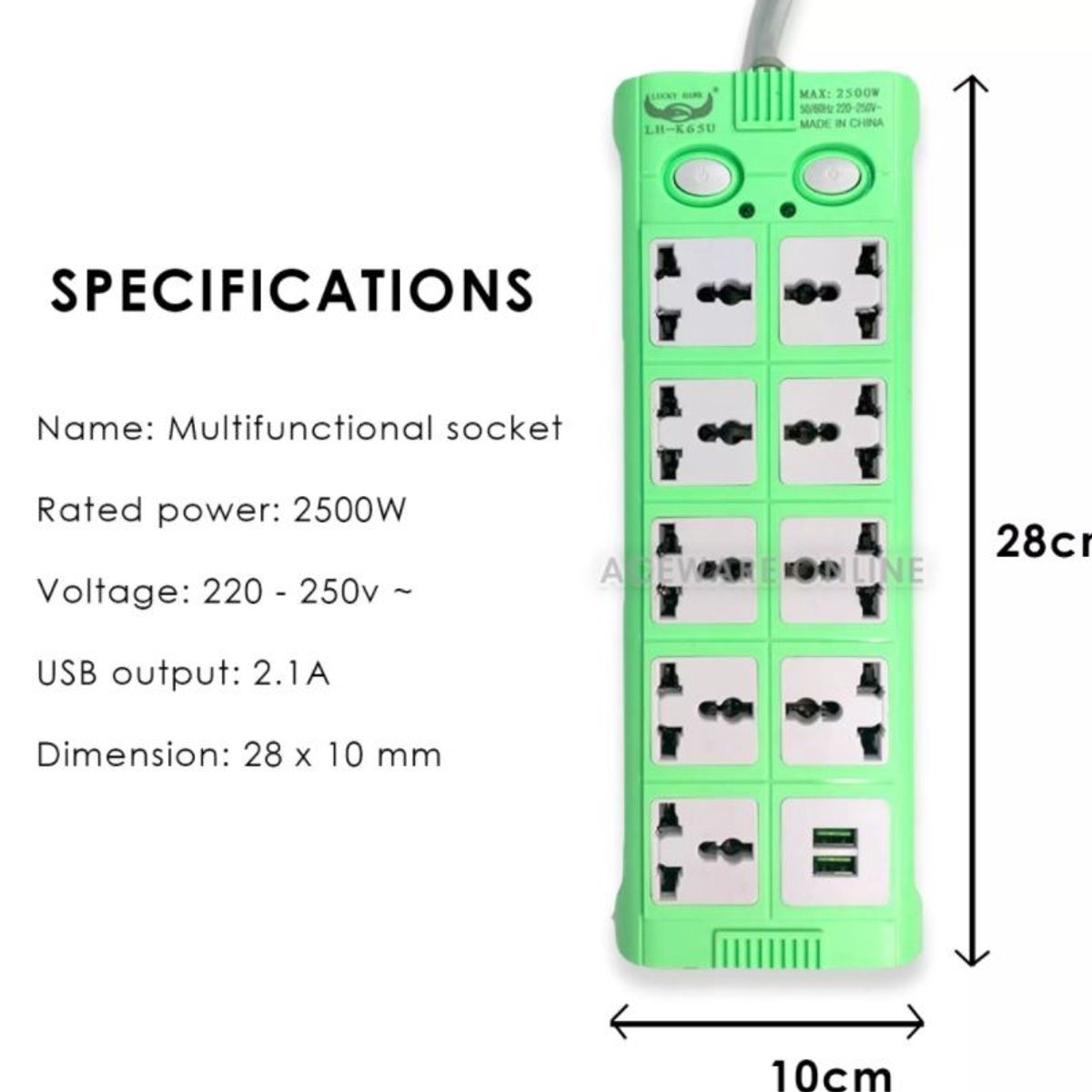 GENERICO - Extensión Toma Corriente USB Cargador + 2Usb 1.80m 9 sockets Celeste