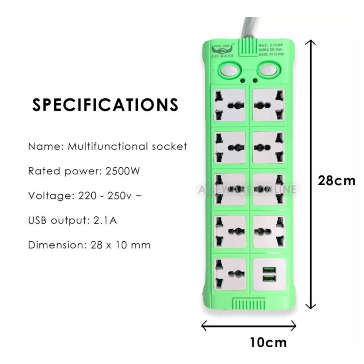 GENERICO - Extensión Toma Corriente USB Cargador + 2Usb 1.80m 9 sockets Celeste