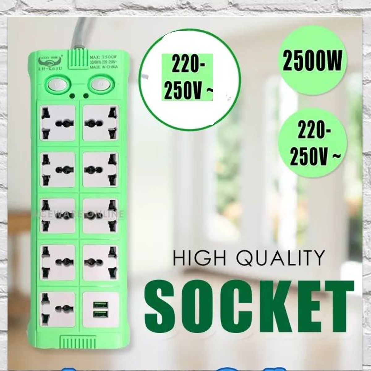 GENERICO - Extensión Toma Corriente USB Cargador + 2Usb 1.80m 9 sockets Celeste