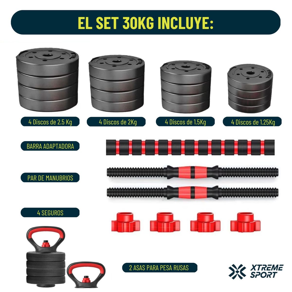 XTREME SPORT - Mancuernas Set de 30 Kg Convertibles + Barra + Asas