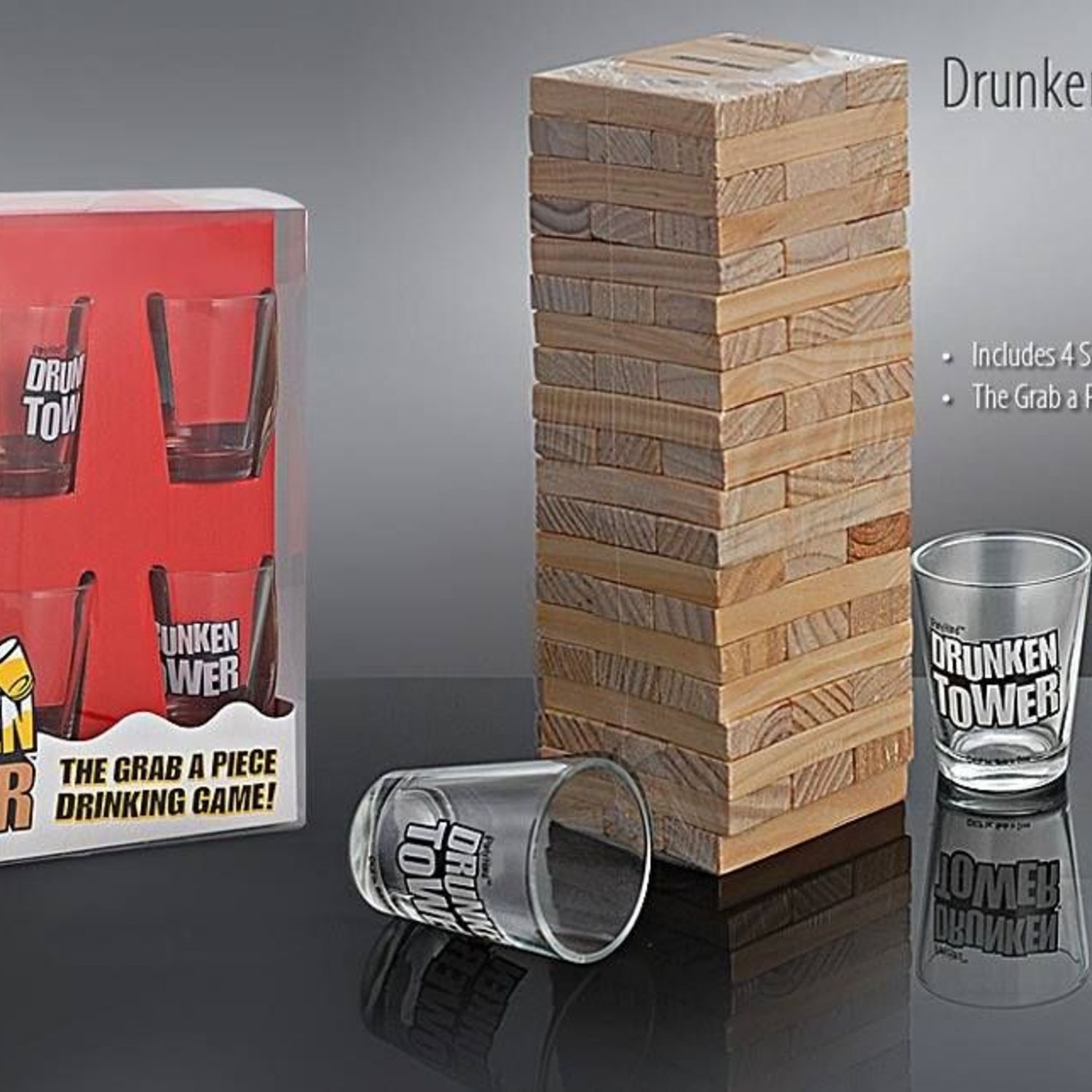 Original DrunkenTower® | Agarra una Pieza con desafíos | 60 Bloques de Madera | 4 Vasos de chupito | Juego de Beber | Bebidas Fiesta | Fiesta en la casa | OriginalCup