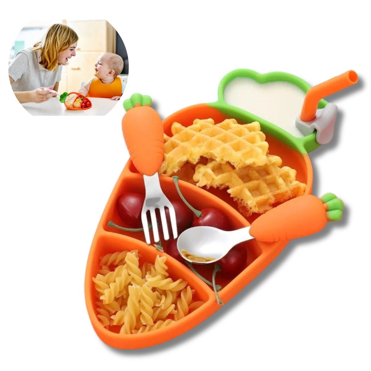 ELMEJORPRECIO - Juego De Plato De Silicona Con Divisiones Y Cubiertos Para Bebes