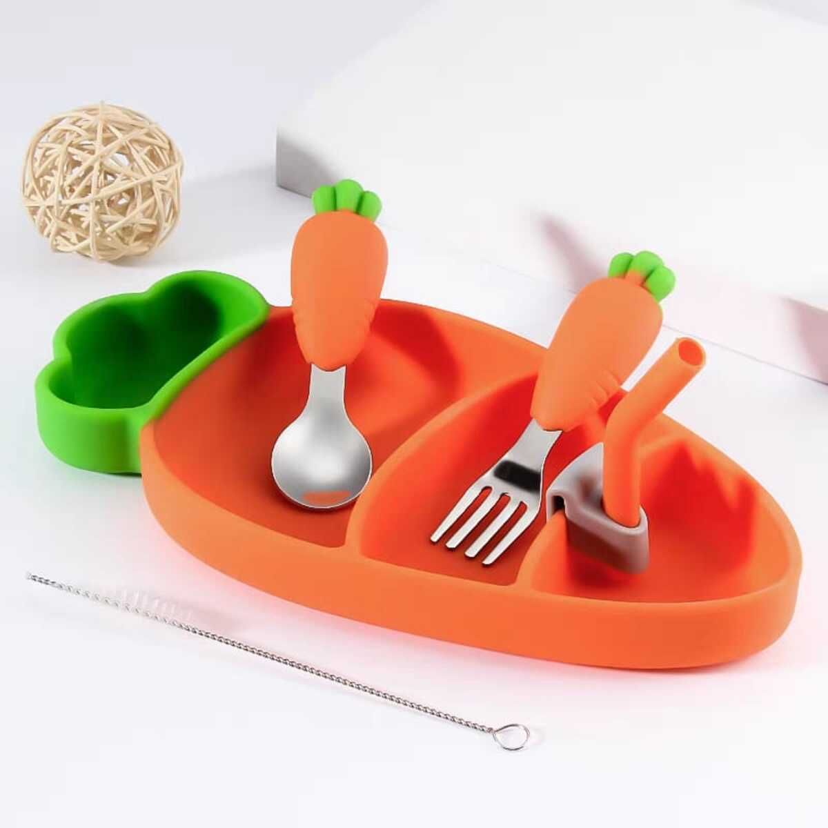 ELMEJORPRECIO - Juego De Plato De Silicona Con Divisiones Y Cubiertos Para Bebes