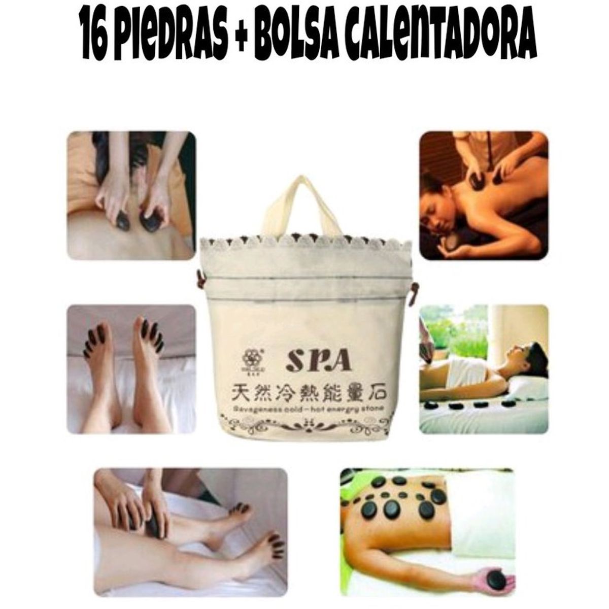 GENERICO - 16 piedras masajeadoras + bolsa calentadora de piedras volcánicas