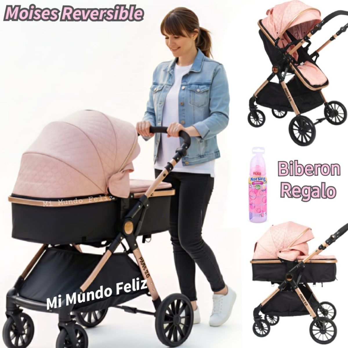 BABY HAPPY - Coche para Bebe Mango Graduable Amplio Palo Rosa 2025